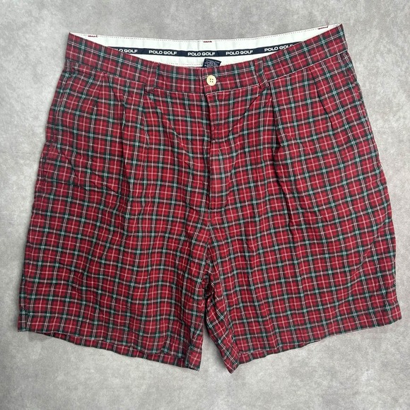 Polo Ralph Lauren Pants - Vintage Polo Golf Ralph Bermuda Shorts Men's 31 Red Green Tartan Plaid Casual